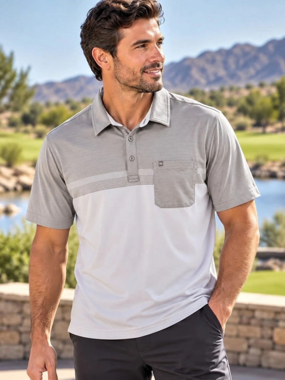 TravisMathew Men's Performance Golf Polo Colorblock Shirt Gray White Size XL